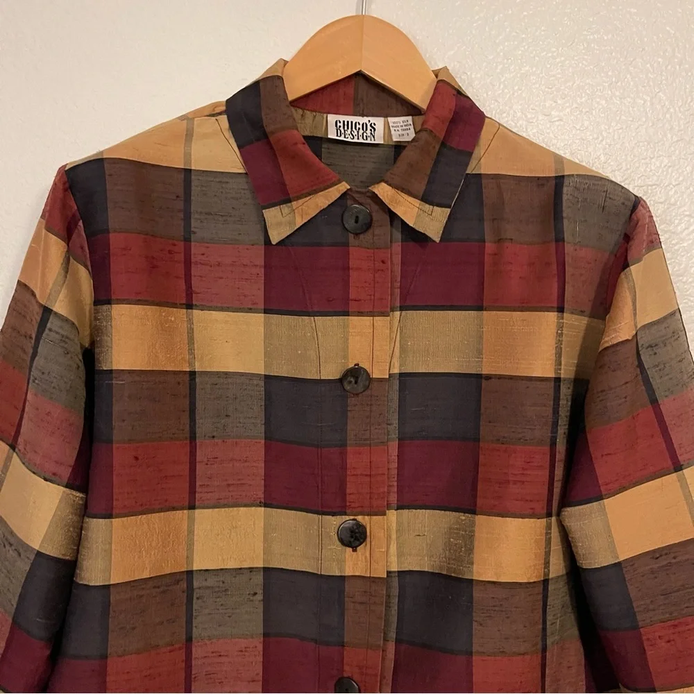 Vintage 1990’s Chico’s Design Silk Button-Front Check Plaid Jacket - Picture 7 of 13